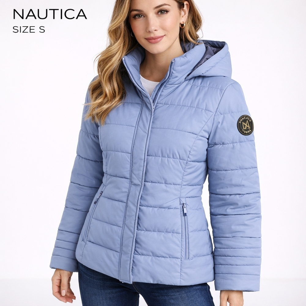 Nautica Women Blue Puffer Jacket Hooded Water Resistant Packable Size S